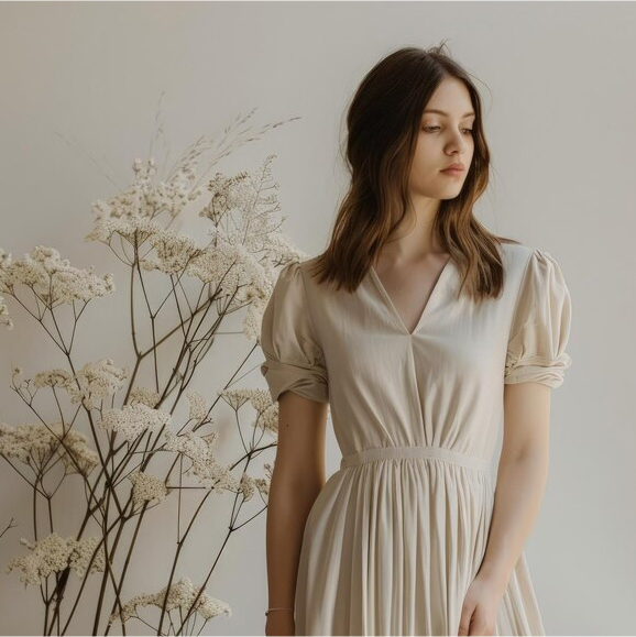 Woman in a beige dress standing near dried white flowers.