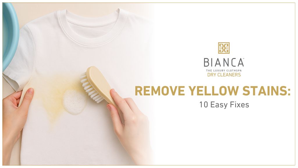 Hand scrubbing yellow stain on white t-shirt – stain removal tips for Mumbai households.