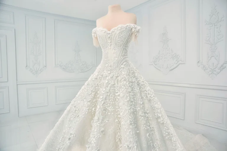 Elegant white gown displayed – expert wet cleaning services in Mumbai.