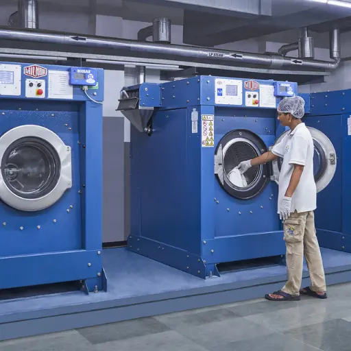 Staff operating industrial laundry machines at top dry cleaners in Mumbai
