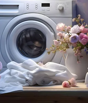 Washing machine with white garments and flowers, representing professional wet cleaning services